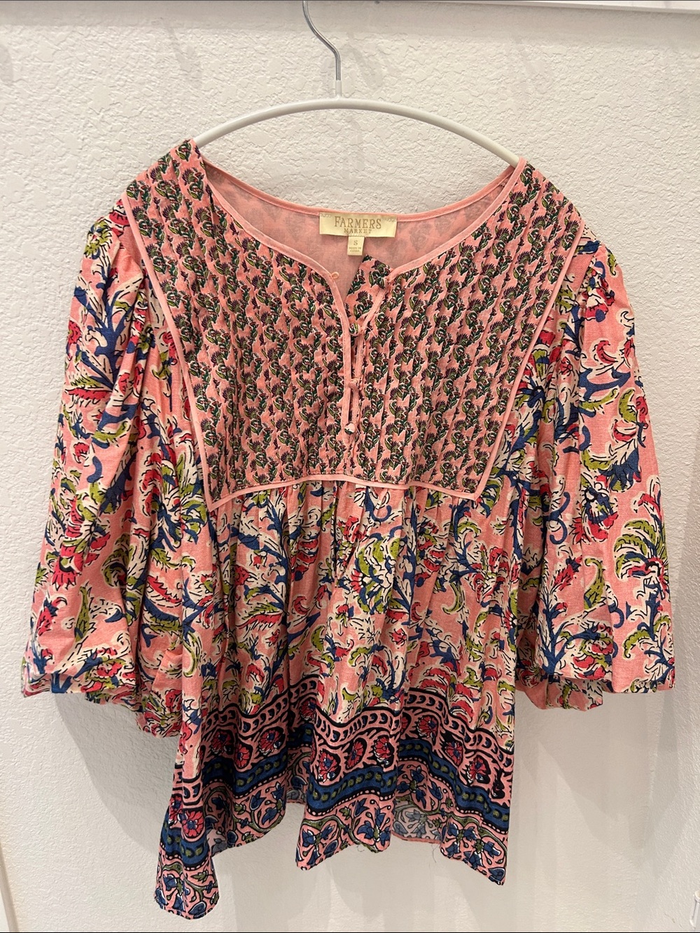 Farmers Market Pink Floral Printed Peasant Blouse